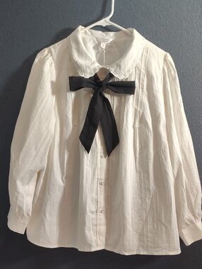 LC Lauren Conrad Ivory Preppy Feminine Cotton Collar Blouse with Black Tie